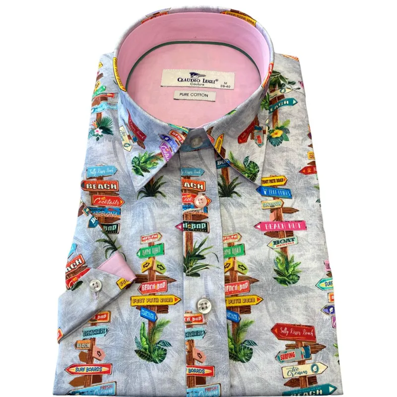 Claudio Lugli Short Sleeve Shirt Beach Sign Post Grey MEDIUM ONLY