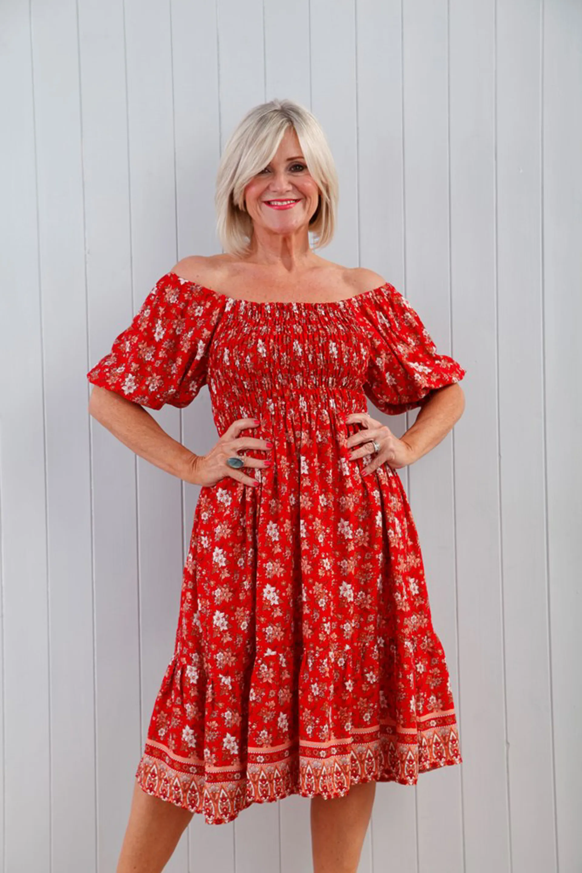 Good Island Ladies 4105 floral petal shirred mini dress Red