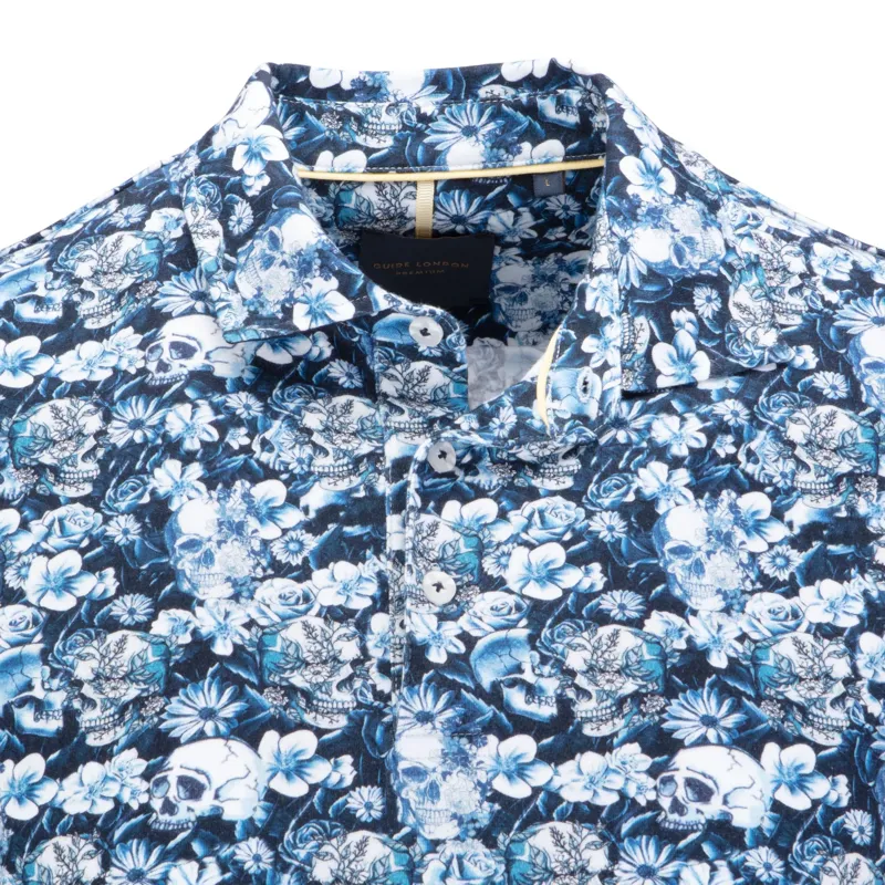 Guide Floral and Skull Polo Shirt Blue -1