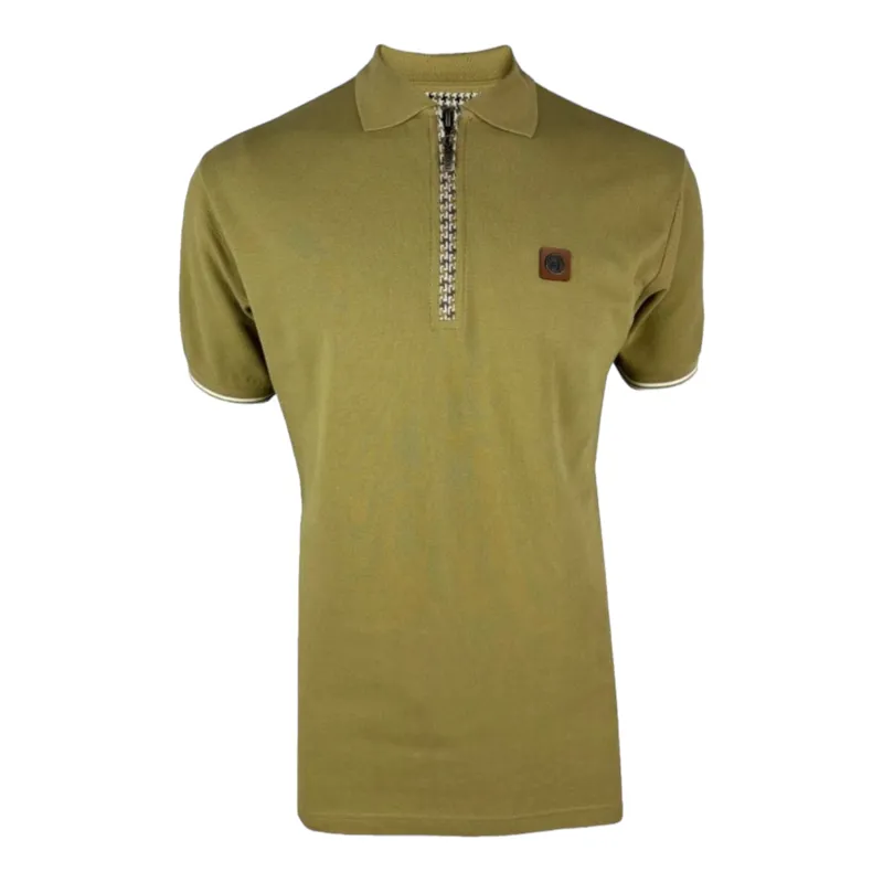 Trojan Houndstooth Trim Zip Pique Polo Camel