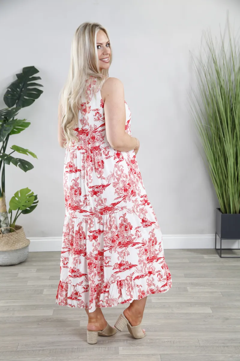 Goose island tropical print long dress Red-3