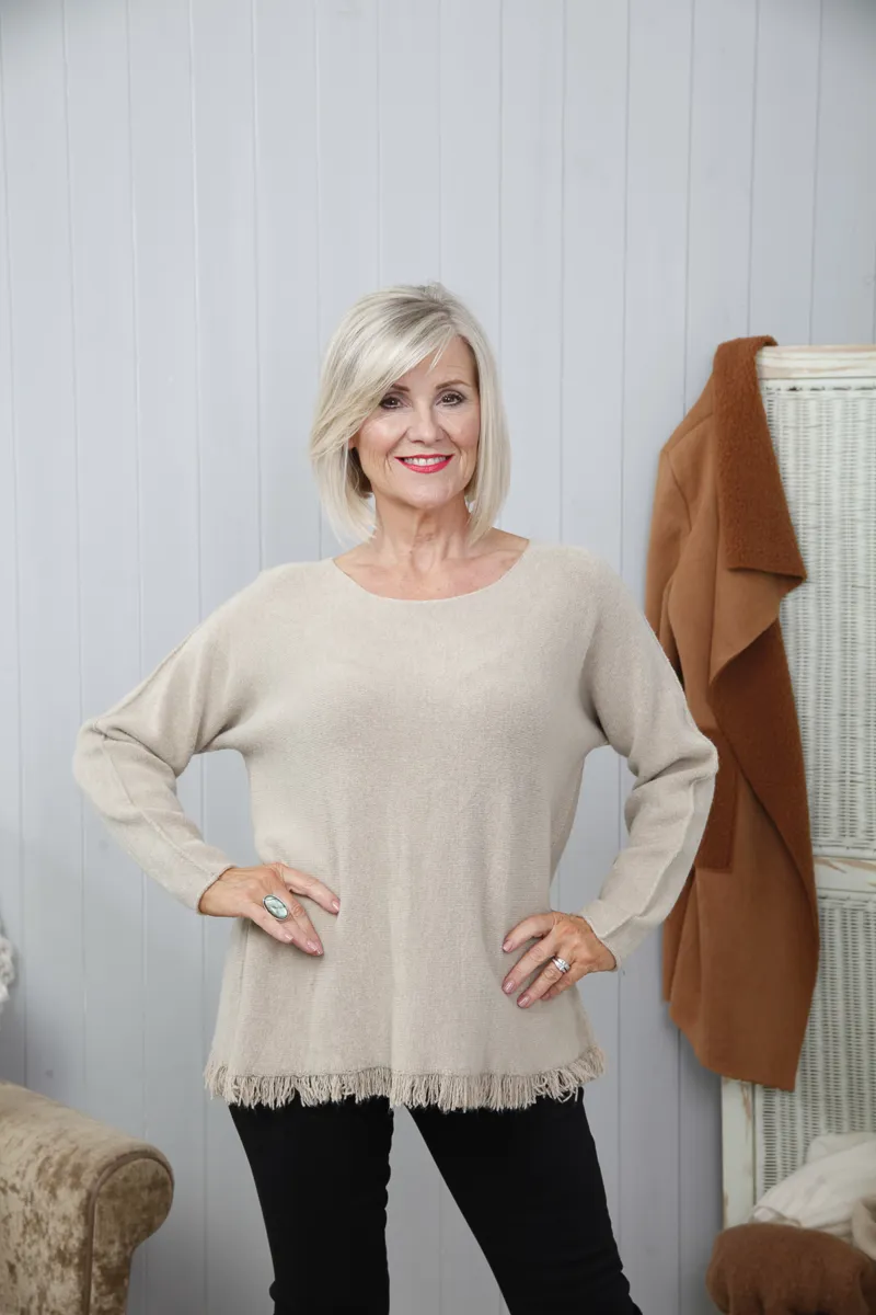 Goose Island fringe hem jumper Oat-2