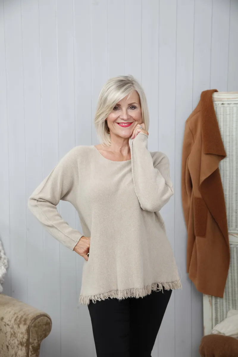 Goose Island fringe hem jumper Oat-5