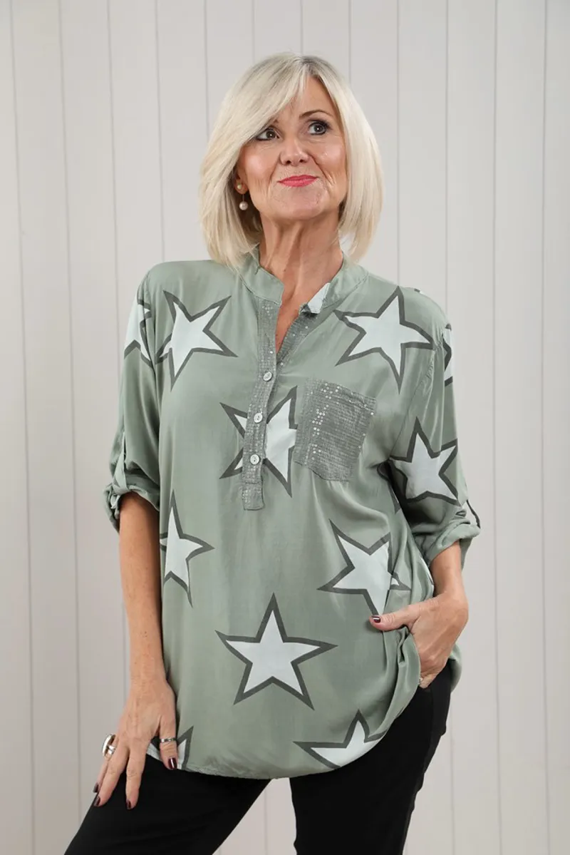 Goose Island star print blouse Khaki