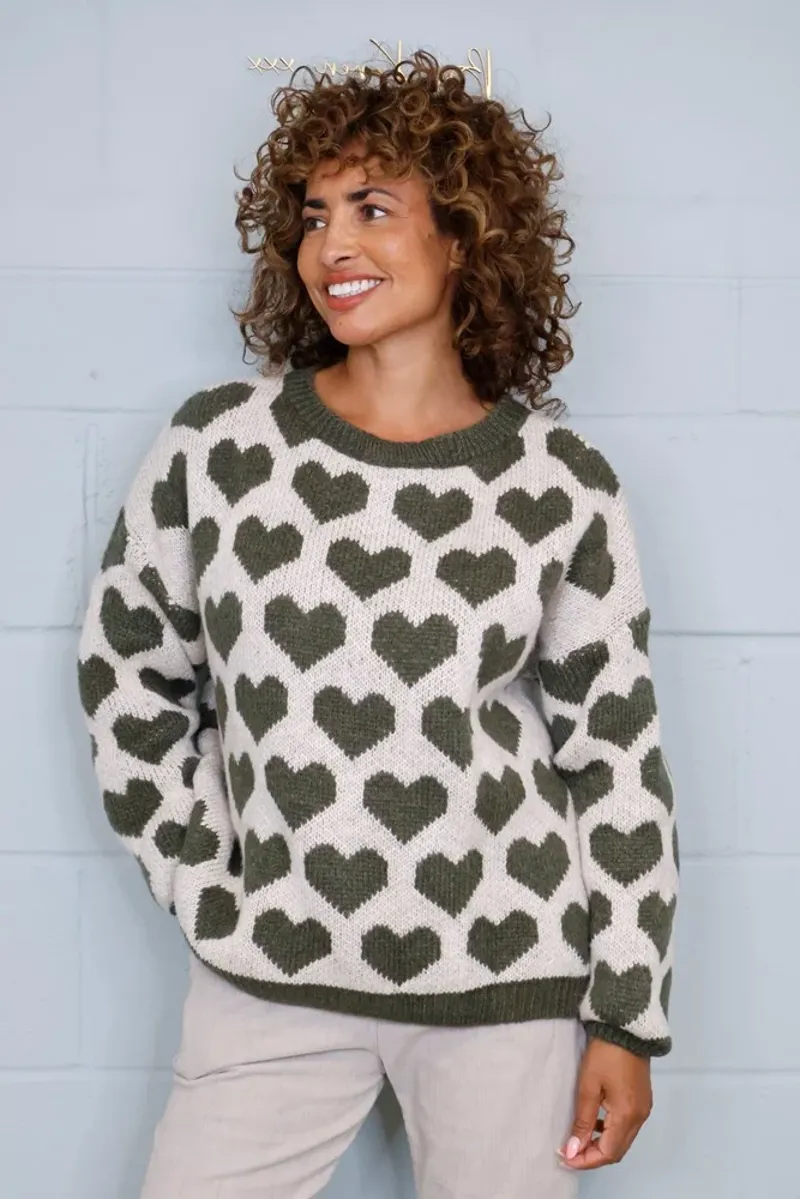 Goose Island heart print jumper Khaki