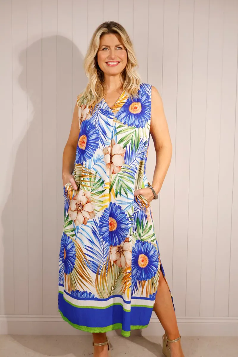 Goose Island tropical sleeveless dress Blue