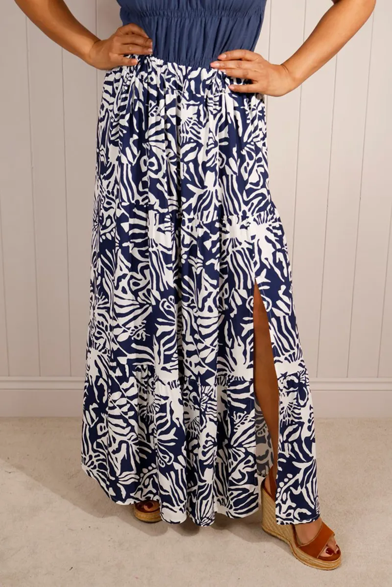 Goose Island tiered mono floral skirt Navy