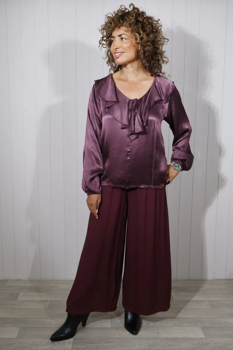 Goose Island satin look frill blouse Aubergine-3
