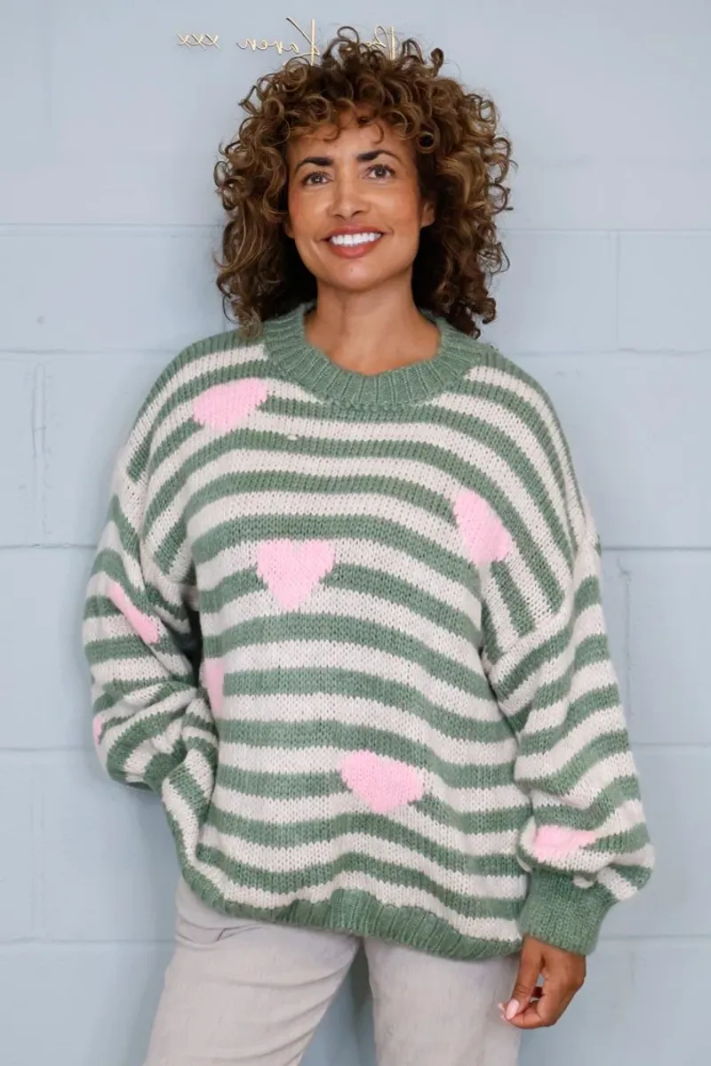Goose Island heart stripe jumper Khaki