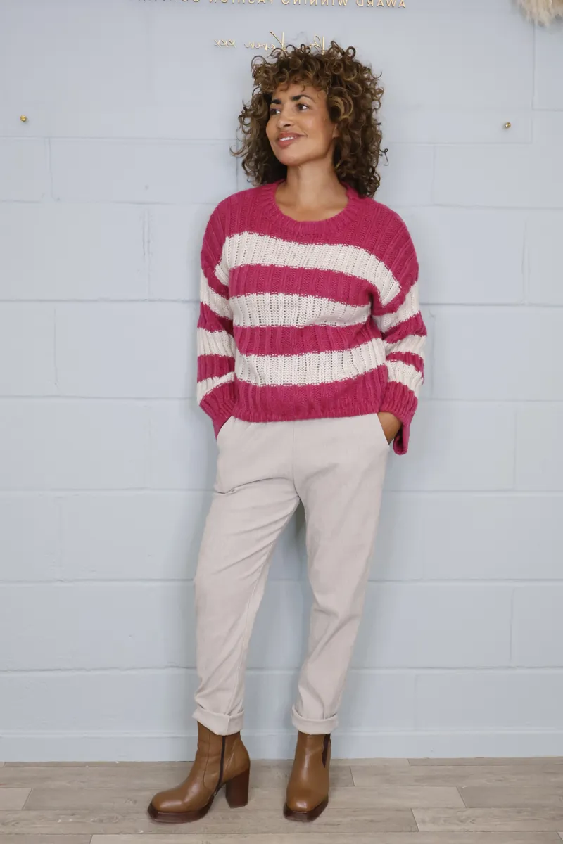 Goose Island cable knit stripe jumper Magenta-3