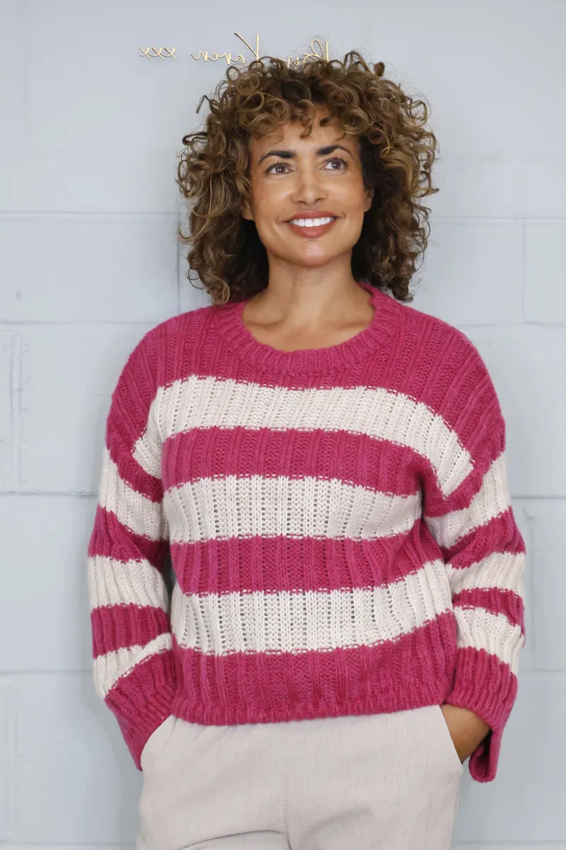 Goose Island cable knit stripe jumper Magenta