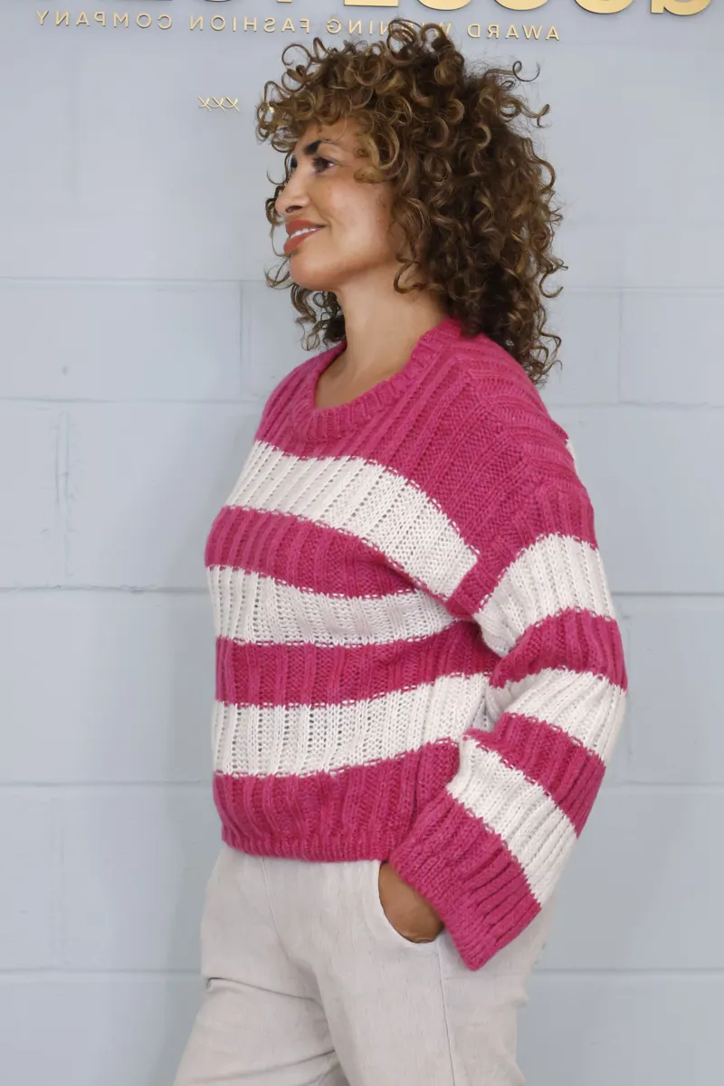 Goose Island cable knit stripe jumper Magenta-2
