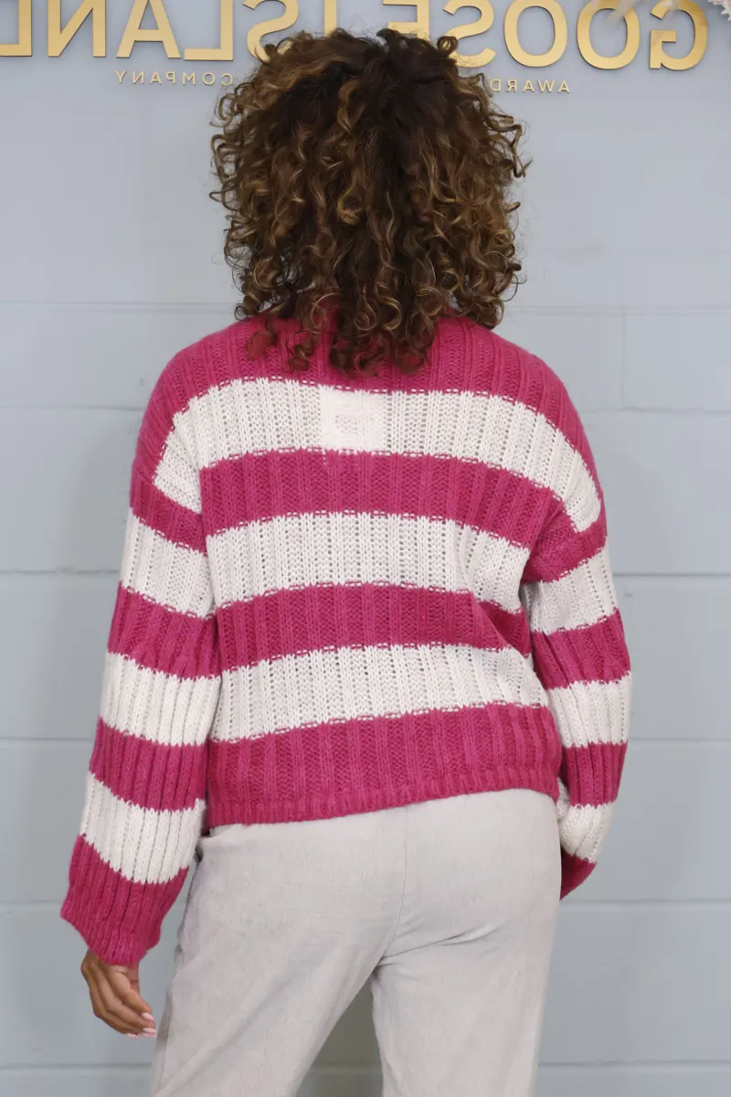 Goose Island cable knit stripe jumper Magenta-1