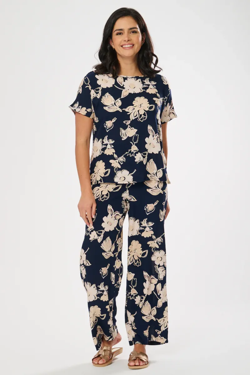 Saloos floral trousers with mock tie waist Navy-3