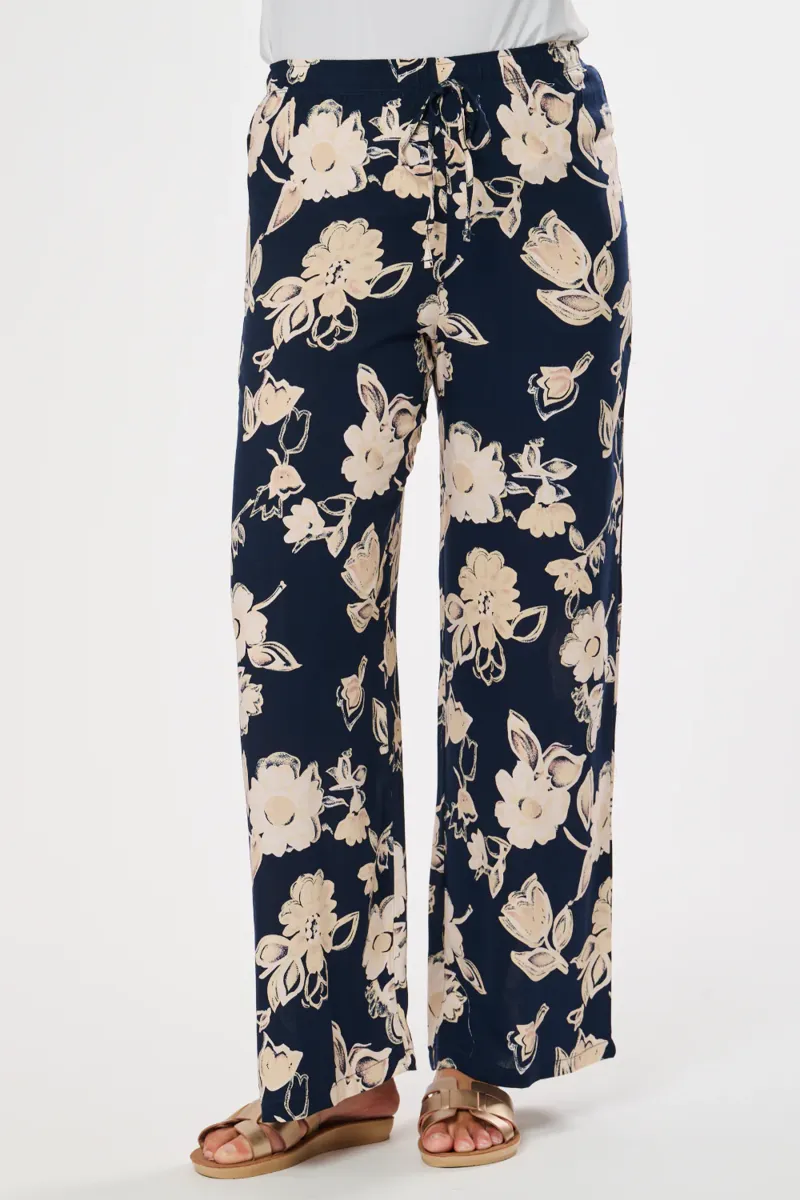 Saloos floral trousers with mock tie waist Navy