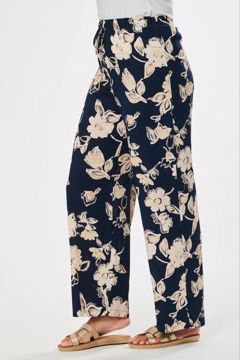 Saloos floral trousers with mock tie waist Navy-1