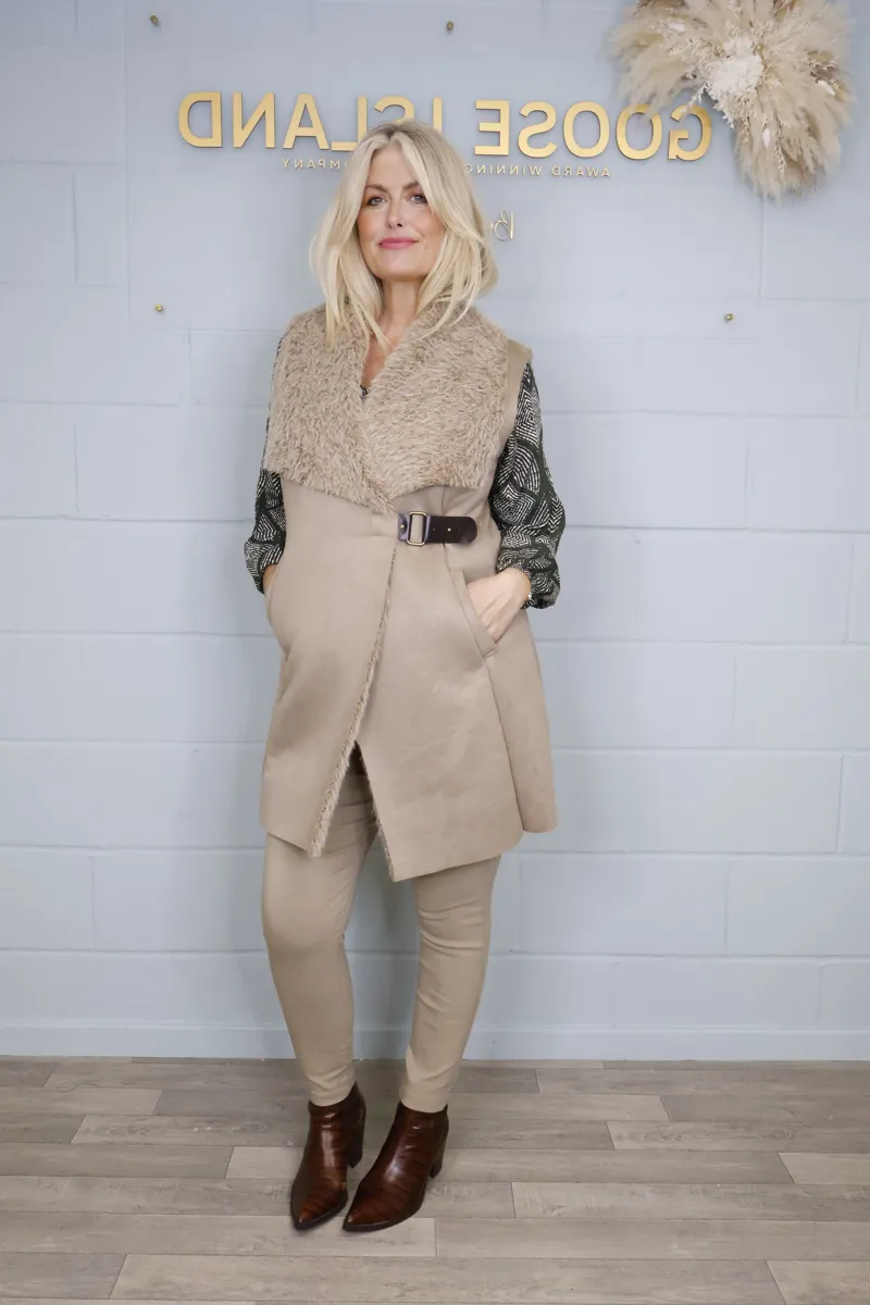 Goose Island suede look buckle gilet Tan-2