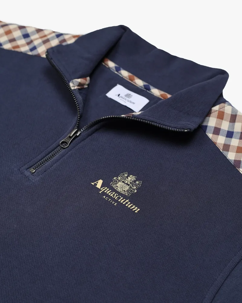 Aquascutum Club Check Shoulder Quarter Zip Navy -1