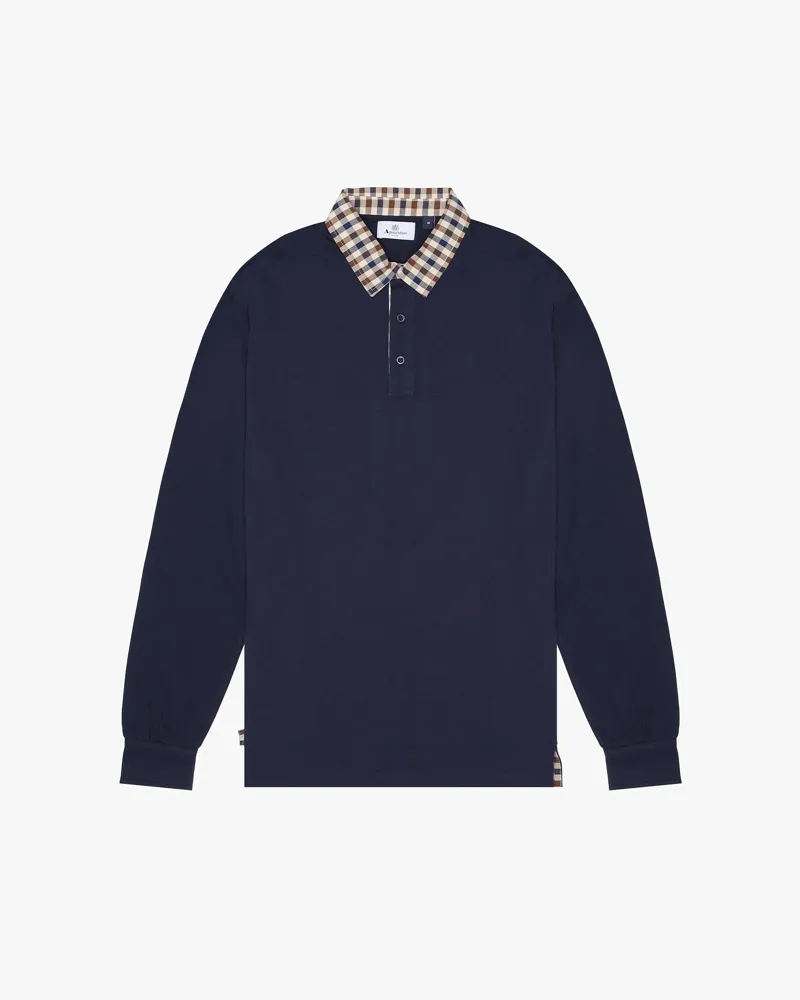 Aquascutum Longsleeve Club Check Collar Polo Navy-2