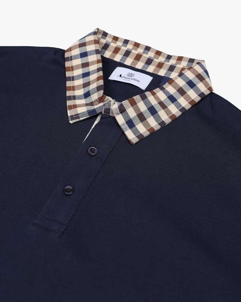 Aquascutum Longsleeve Club Check Collar Polo Navy-1