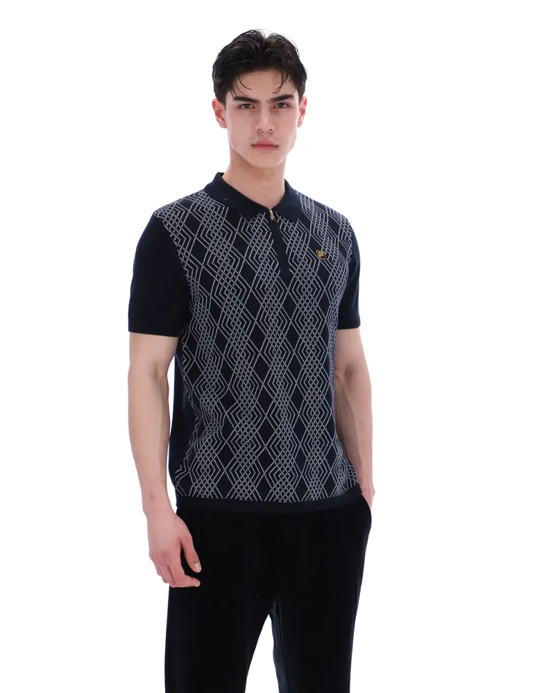 Fila Castello Jacquard Knitted Polo with Zip Black -3