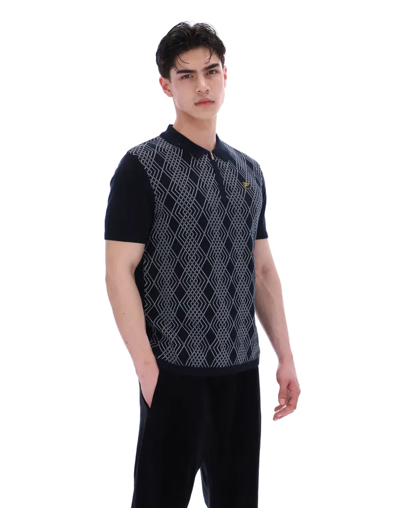 Fila Castello Jacquard Knitted Polo with Zip Black -4