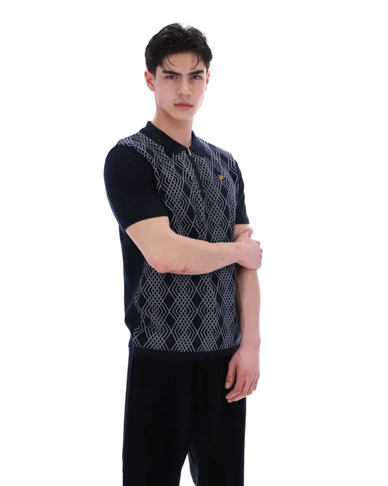 Fila Castello Jacquard Knitted Polo with Zip Black -5
