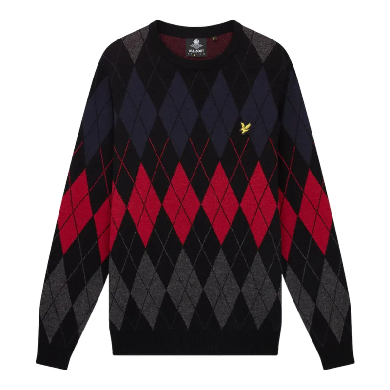 Lyle and Scott British Argyle Crew Neck Pringle Jumper Black/Blue/Red-2
