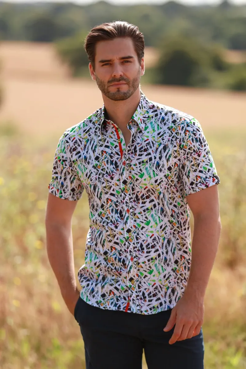 Claudio Lugli CP6485 Men Abstract Print Short Sleeve Shirt White