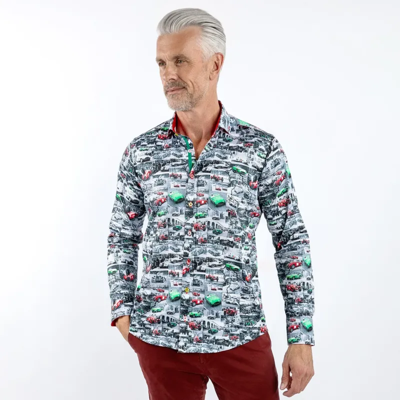 Claudio Lugli Italian Race Cars Print Shirt Grey