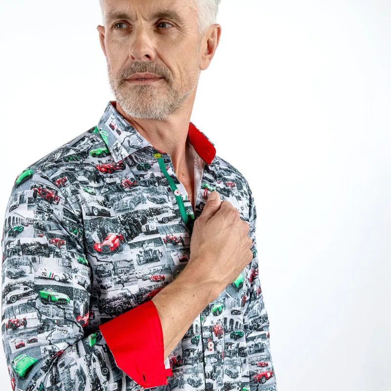 Claudio Lugli Italian Race Cars Print Shirt Grey-1