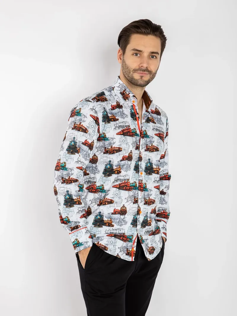 Claudio Lugli Locomotive Train Blueprint Shirt White -2