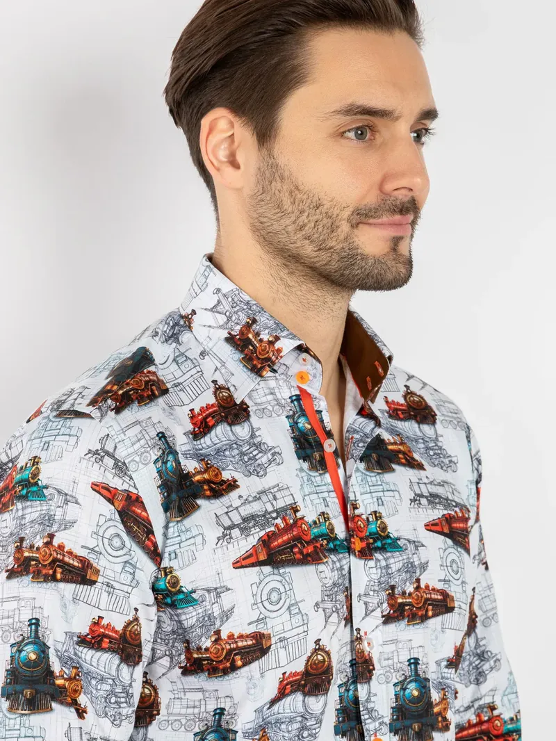 Claudio Lugli Locomotive Train Blueprint Shirt White -3