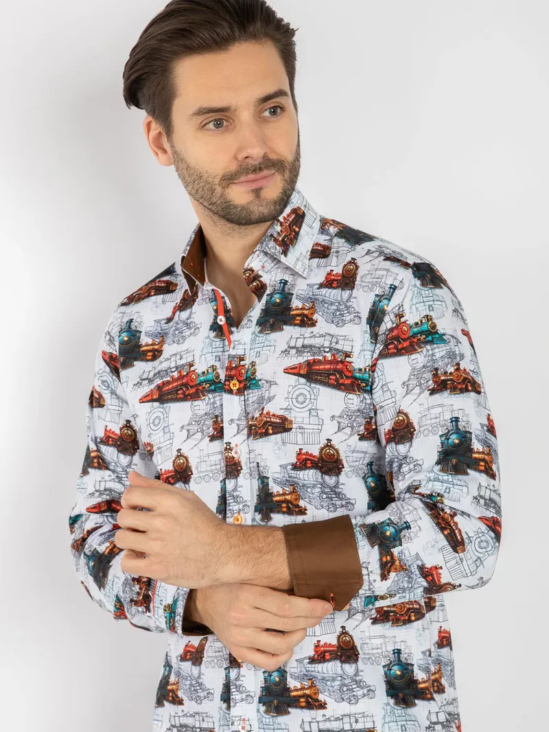 Claudio Lugli Locomotive Train Blueprint Shirt White -4