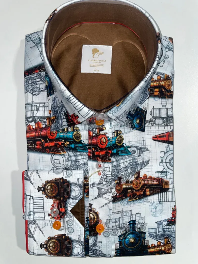 Claudio Lugli Locomotive Train Blueprint Shirt White -5
