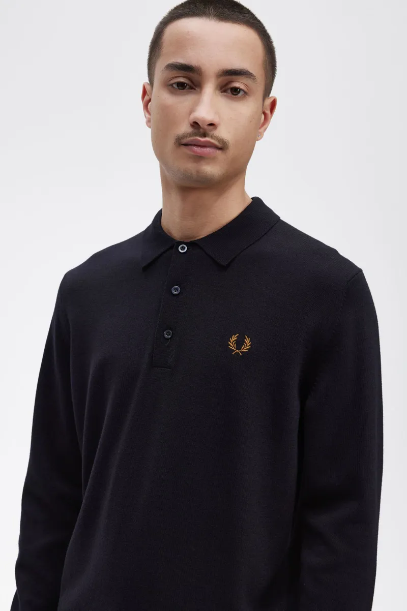 Fred Perry Long Sleeve Knitted Shirt Navy XXL ONLY LAST ONE-2