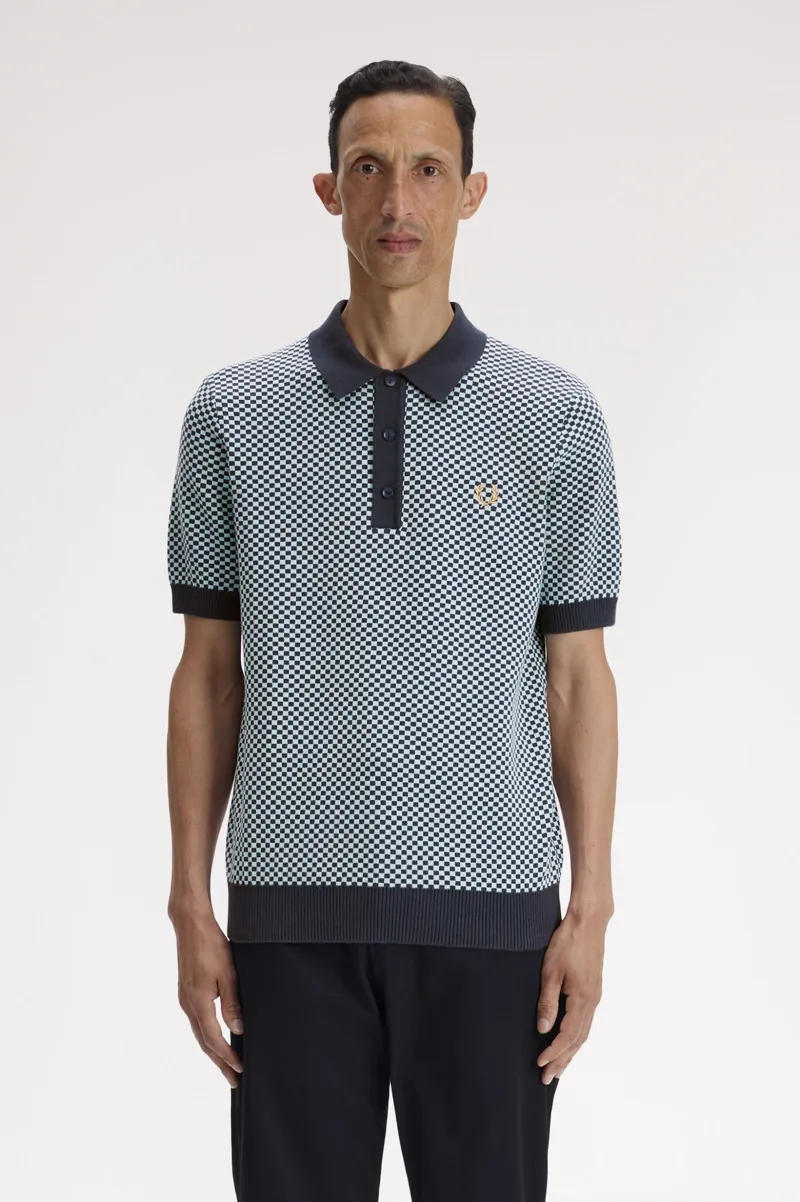 Fred Perry Chequerboard Knitted Shirt Dark Airforce-1