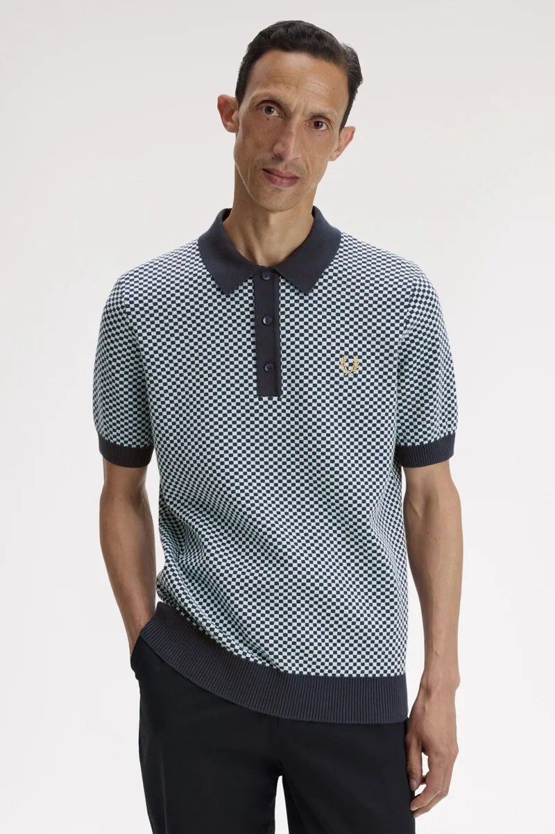 Fred Perry Chequerboard Knitted Shirt Dark Airforce-3
