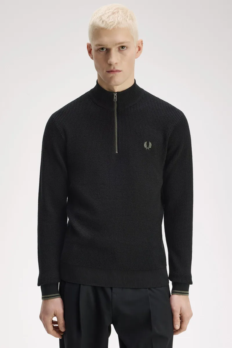 Fred Perry Waffle Stitch Half Zip Jumper Black -1