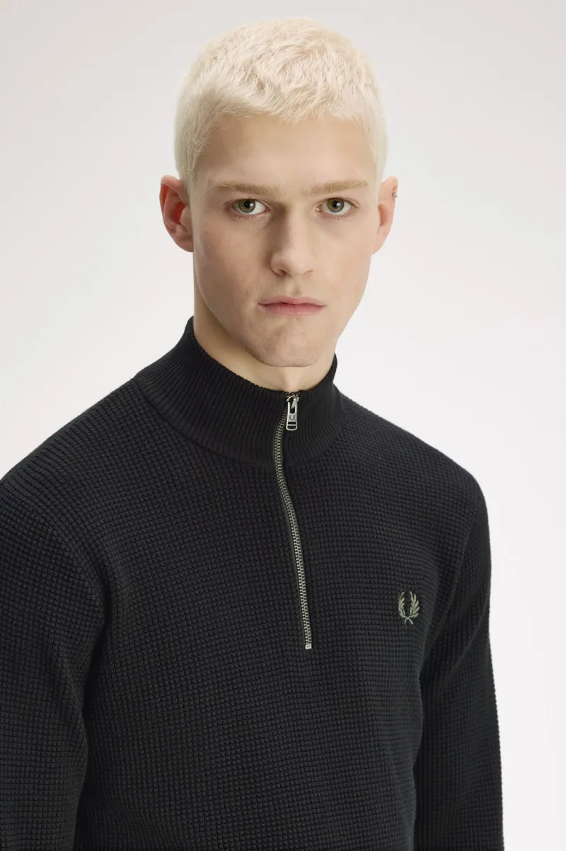 Fred Perry Waffle Stitch Half Zip Jumper Black -2