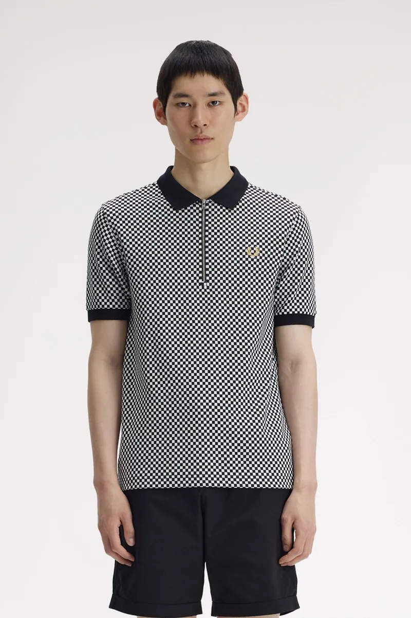 Fred Perry Chequerboard Zip Polo Shirt Black / White-1