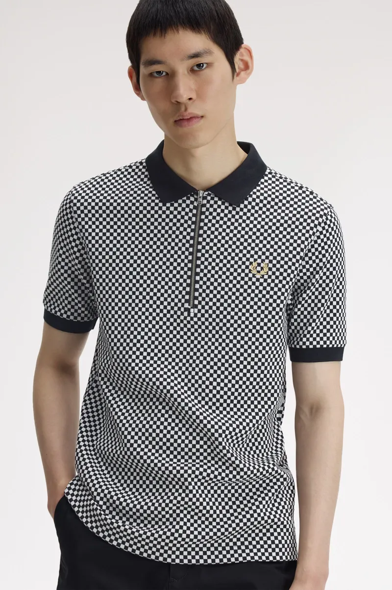 Fred Perry Chequerboard Zip Polo Shirt Black / White-3