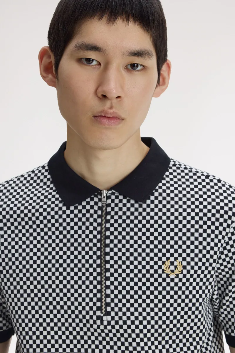 Fred Perry Chequerboard Zip Polo Shirt Black / White-5