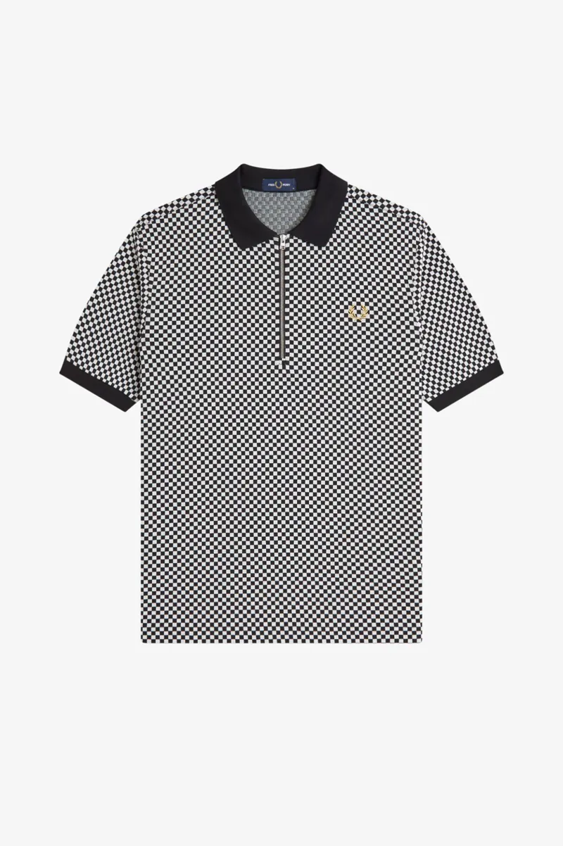 Fred Perry Chequerboard Zip Polo Shirt Black / White-7