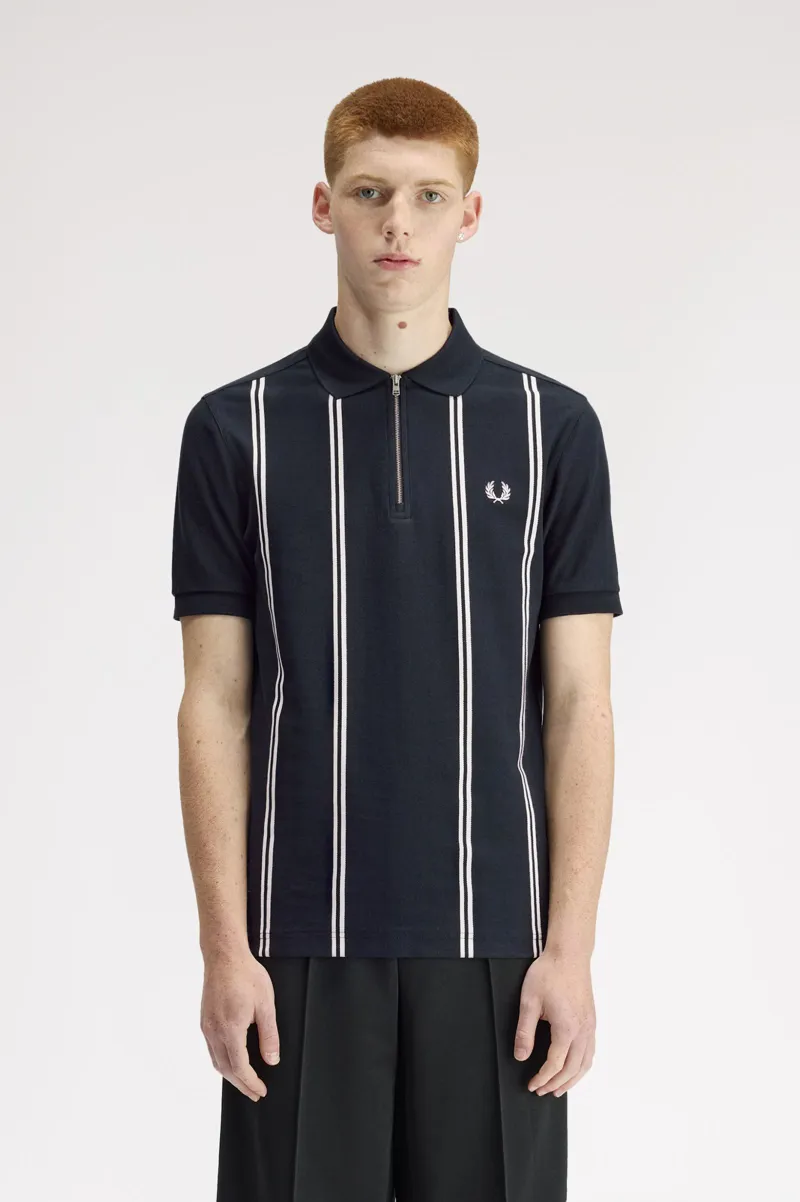 Fred Perry Verticle Stripe Zip Polo Shirt Navy-1