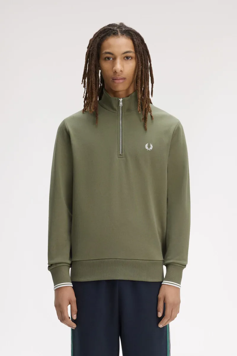 Fred Perry Half Zip Sweatshirt Laurel Wreath Green / Ecru / Blue-2