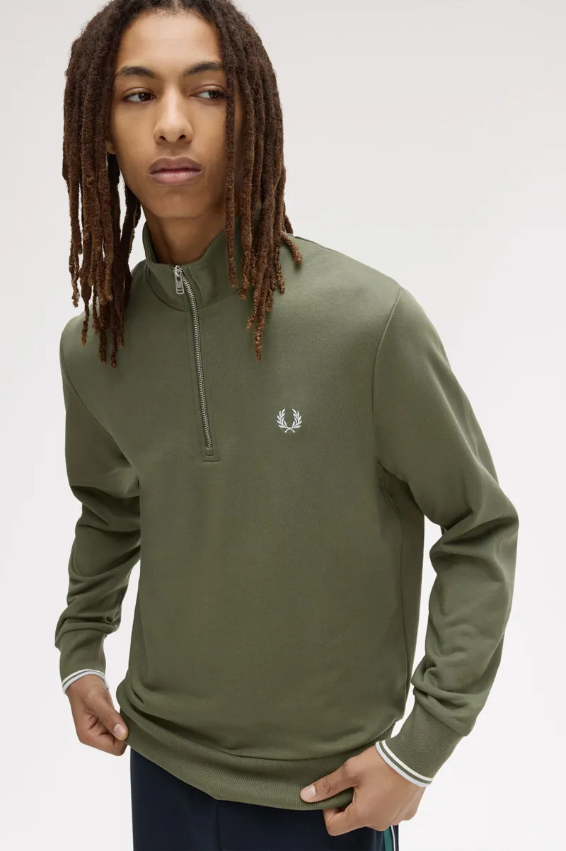 Fred Perry Half Zip Sweatshirt Laurel Wreath Green / Ecru / Blue-4