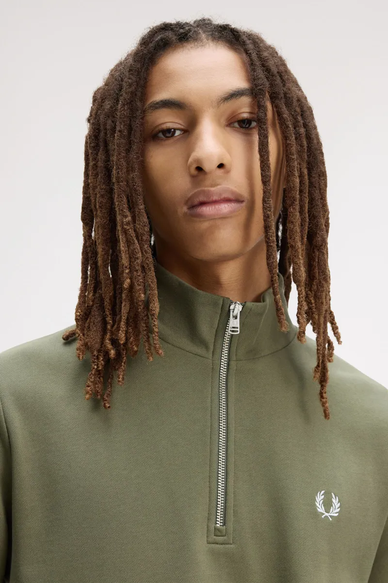 Fred Perry Half Zip Sweatshirt Laurel Wreath Green / Ecru / Blue-5