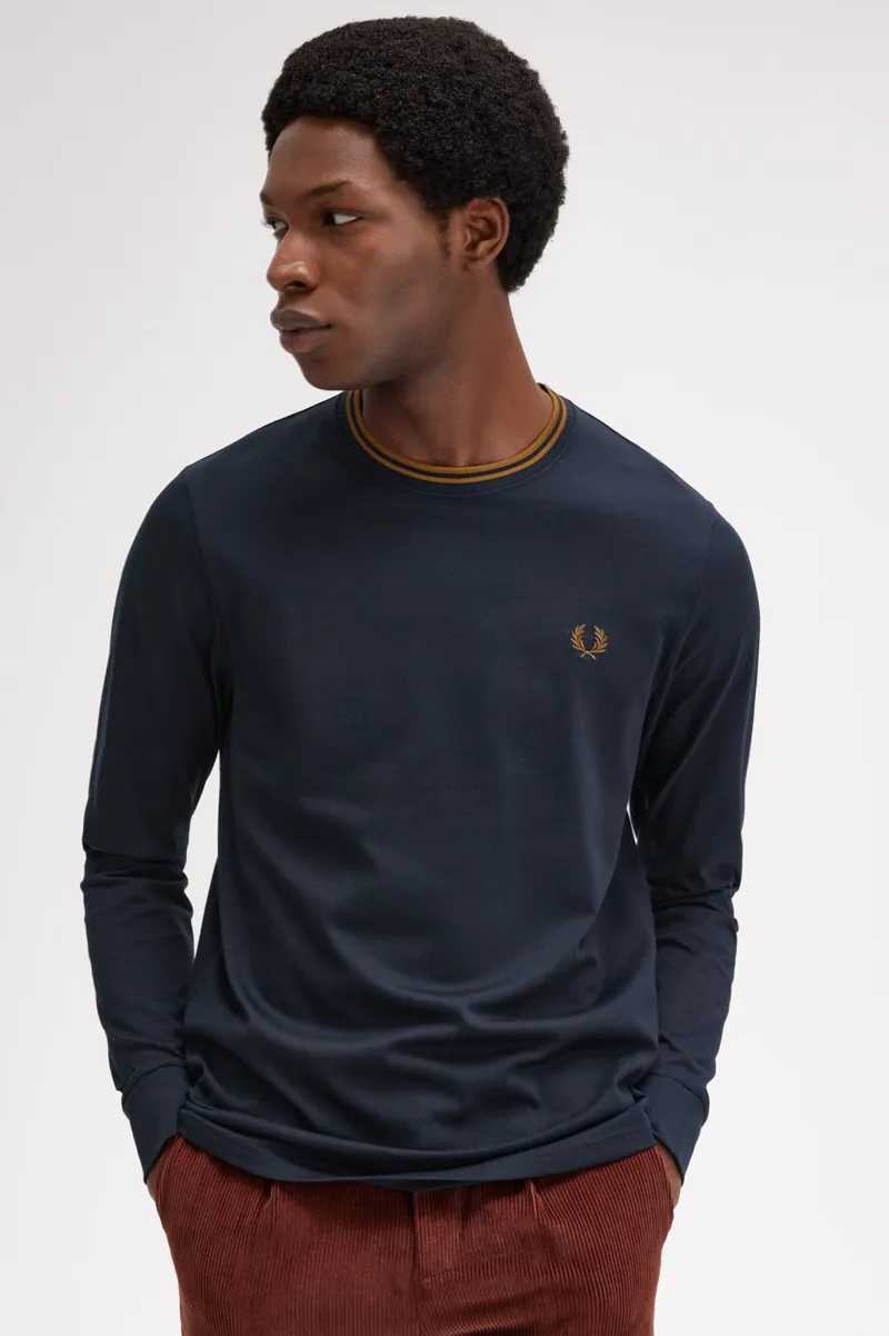 Fred Perry Twin Tipped Long Sleeve T-shirt Navy / Caramel-2