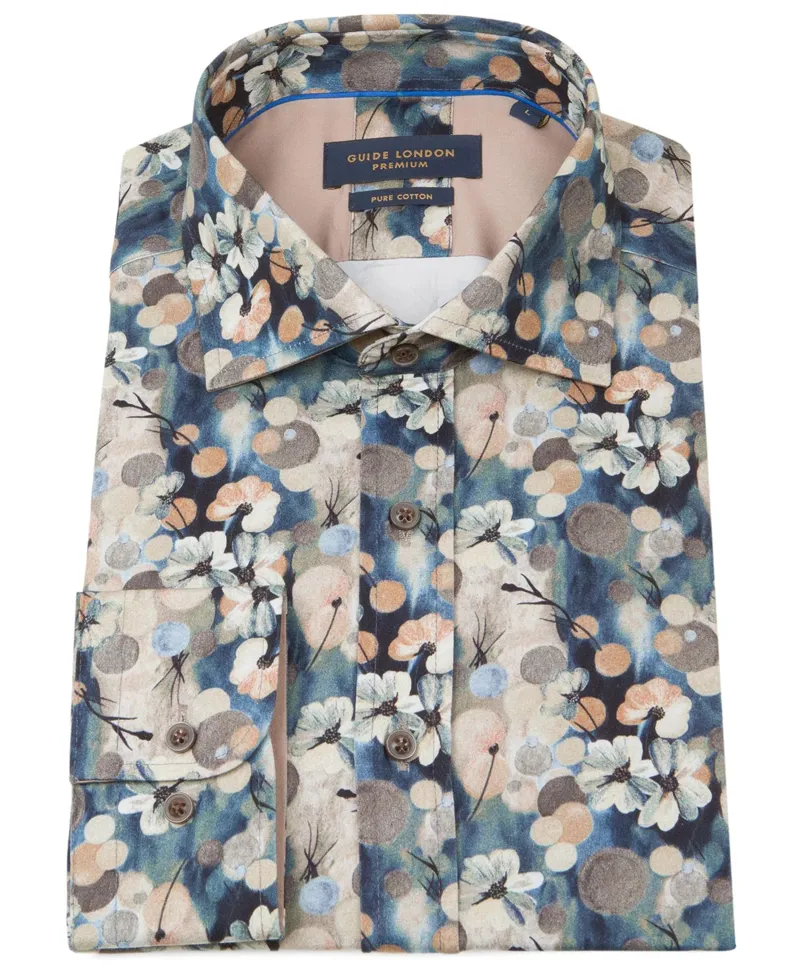 Guide London Floral Print Shirt Beige/Blue
